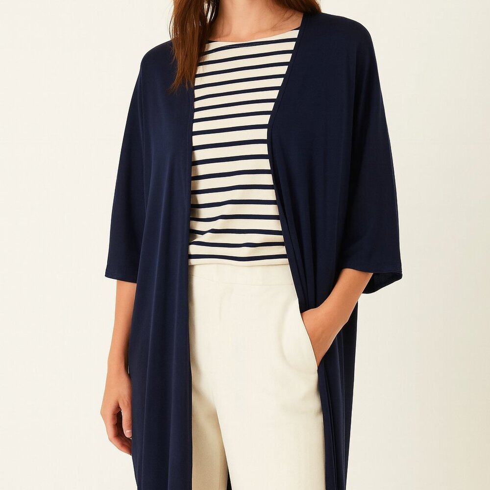 Chico’s Navy Duster Cardigan Flowing‎ Silhouette Coastal Grandma Nautical Beachy